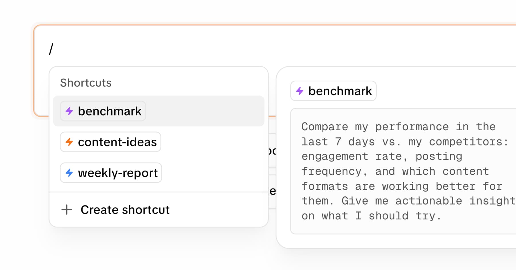 Slash command menu opened in a social media analytics dashboard, showing shortcut options including 'benchmark,' 'content-ideas,' 'weekly-report,' and a 'Create shortcut' button.