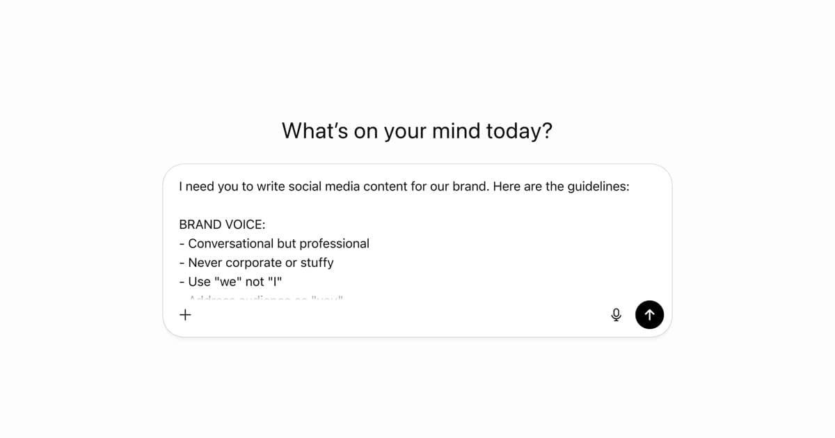 MOD's interface displaying connected social accounts with automatic brand voice analysis, showing how the AI generates content that matches each account's unique style without manual prompting